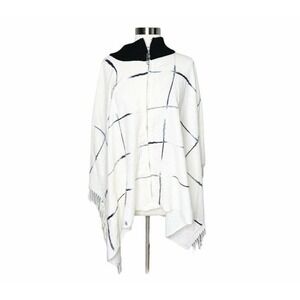 NEW DKNY Womens Window Pane Fringe Poncho Sweater White Super Soft & Cozy!‎